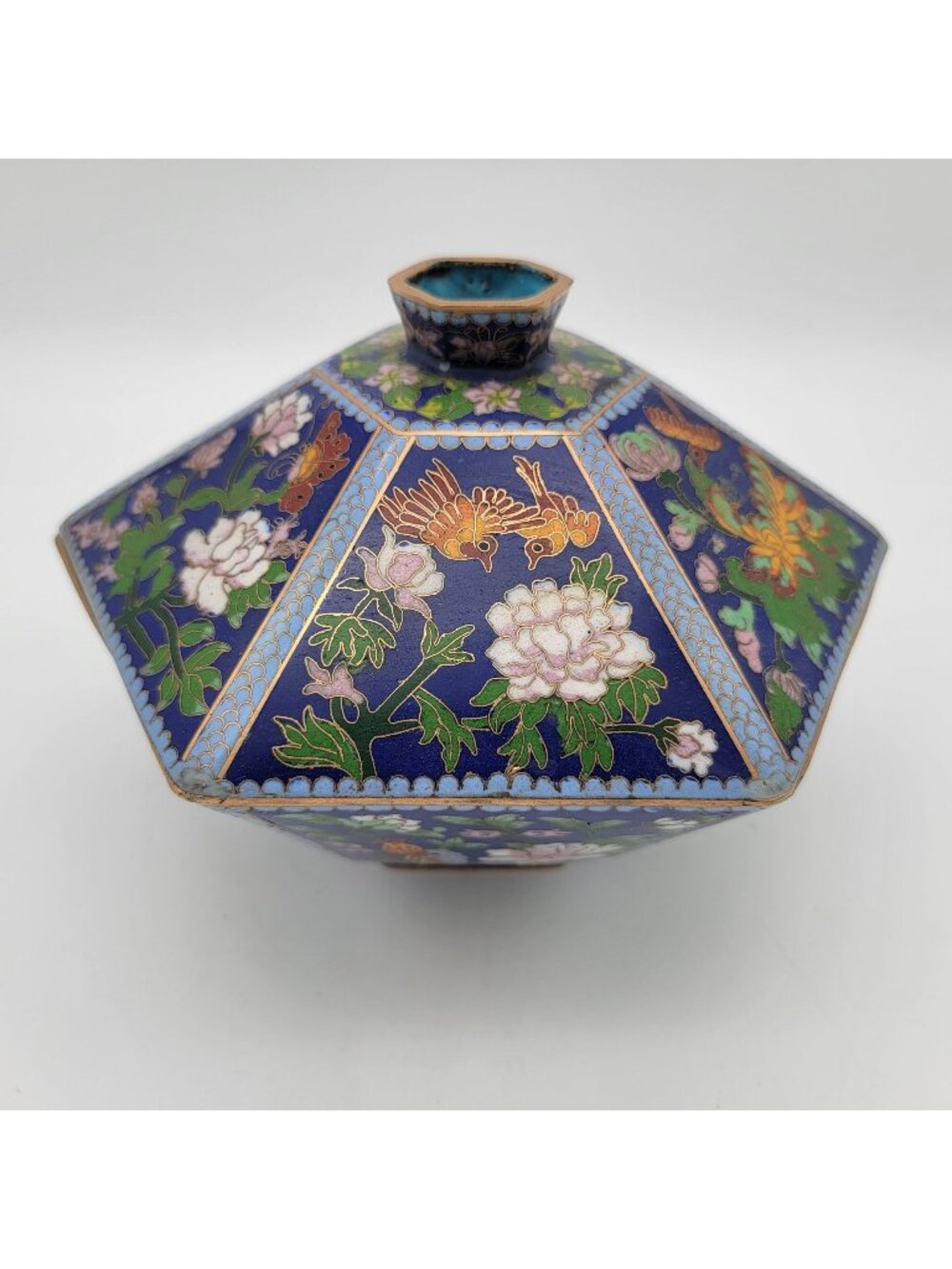 Antique Chinese Cloisonné Hexagonal Shaped Lidded Bowl
